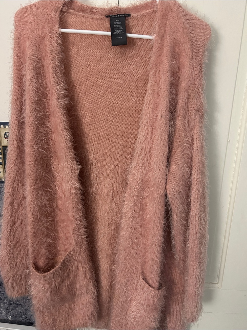Chelsea Theodore brand-Pink Fuzzy Open-Front Women's Sweater Cardigan